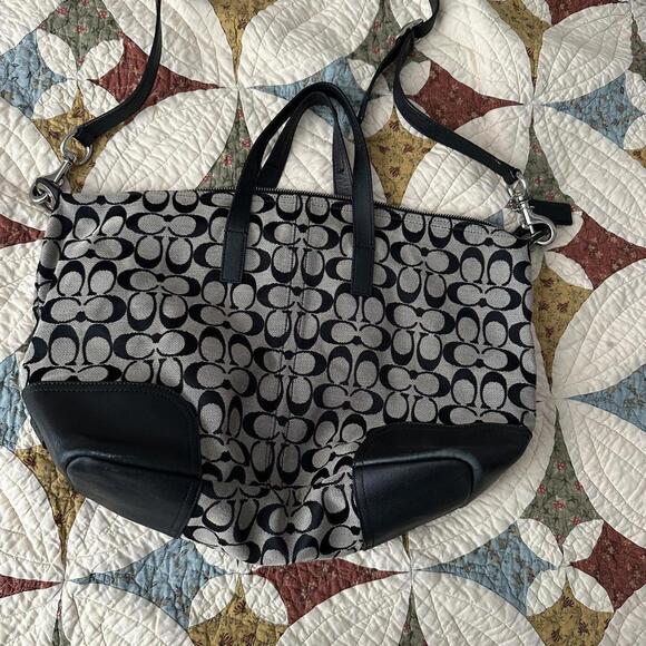 Y2K vintage Coach Signature bag in black & gray jacquard with black leather trim - Picture 2 of 6